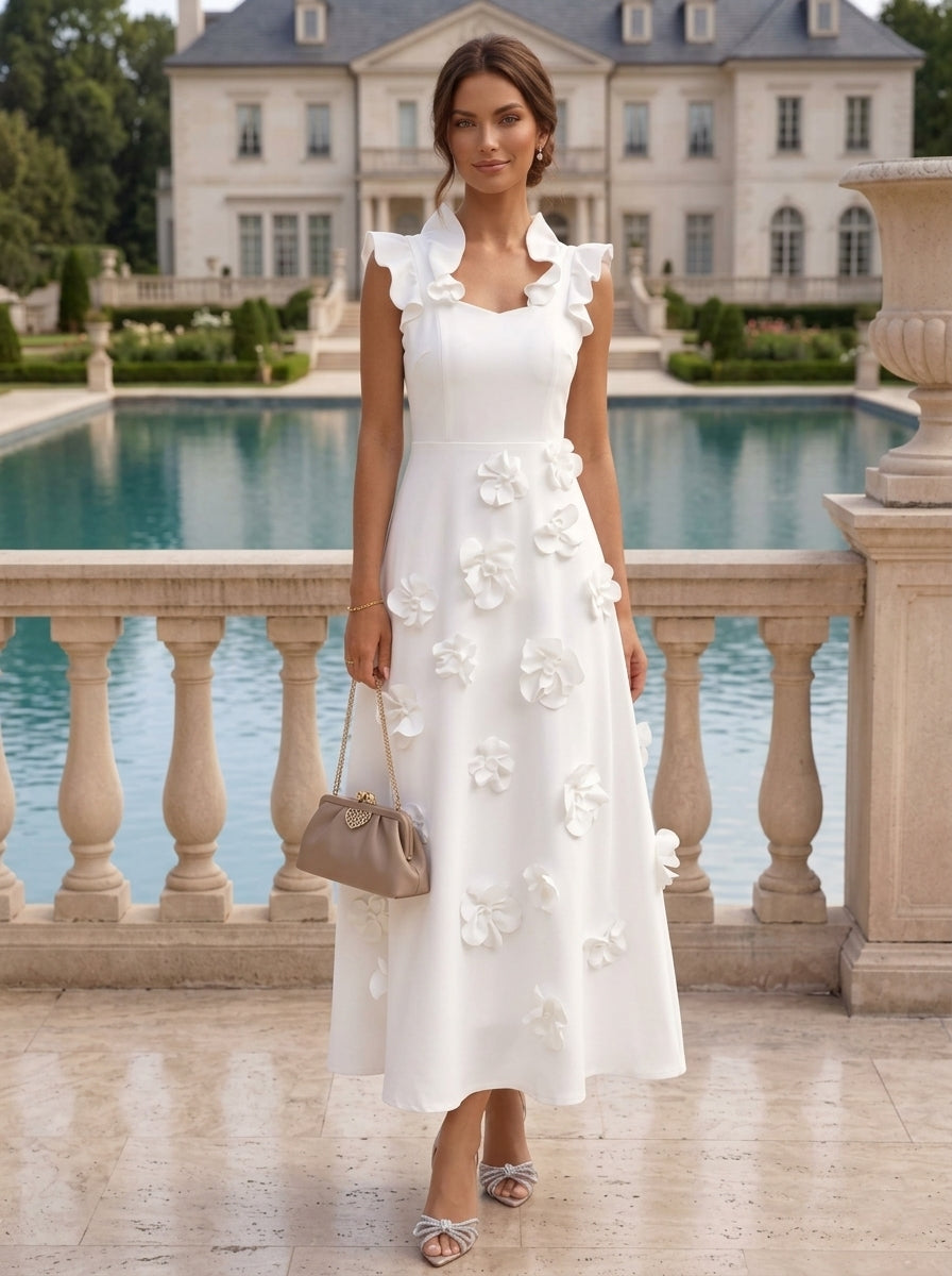 A-Line/Princess V-Neck Stretch Satin Cocktail Dresses with 3D Flowers Sleeveless Ruffles Tea-Length Formal Dresses Little White Dresses