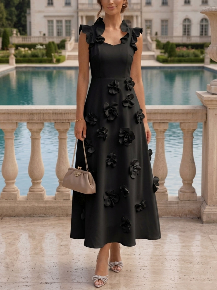 A-Line/Princess V-Neck Stretch Satin Cocktail Dresses with 3D Flowers Sleeveless Ruffles Tea-Length Formal Dresses Little White Dresses