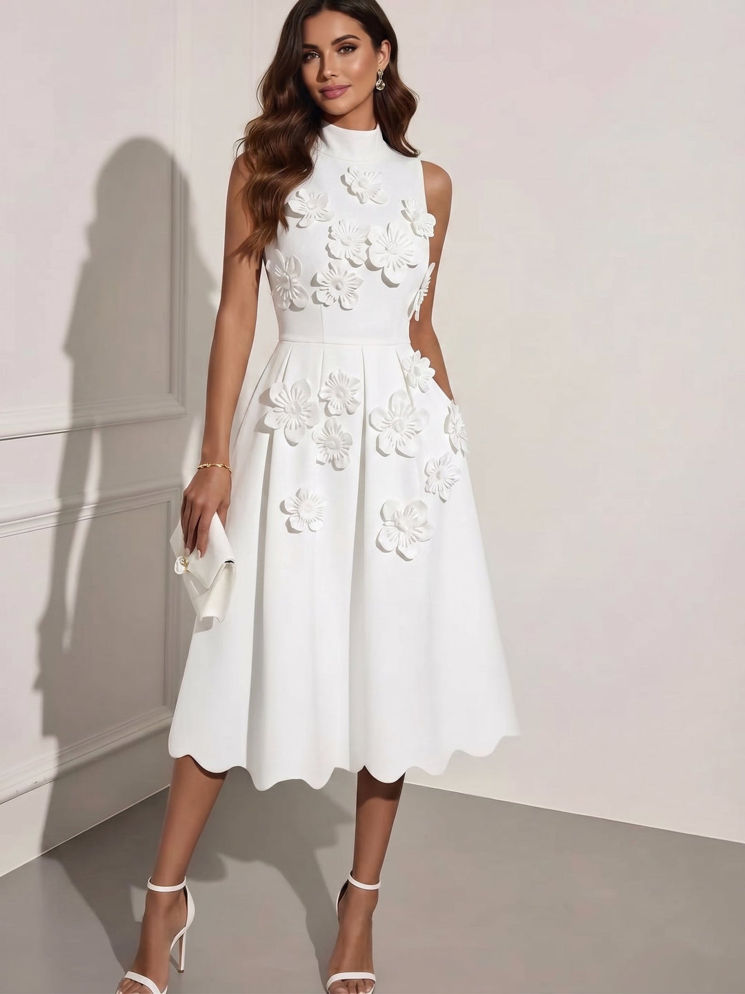 A-Line/Princess Mock Neck Stretch Satin Cocktail Dresses with 3D Flowers Sleeveless Tea-Length Formal Dresses Little White Dresses