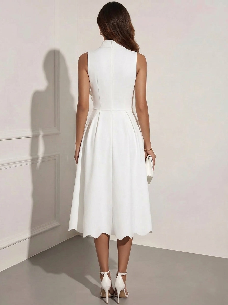 A-Line/Princess Mock Neck Stretch Satin Cocktail Dresses with 3D Flowers Sleeveless Tea-Length Formal Dresses Little White Dresses