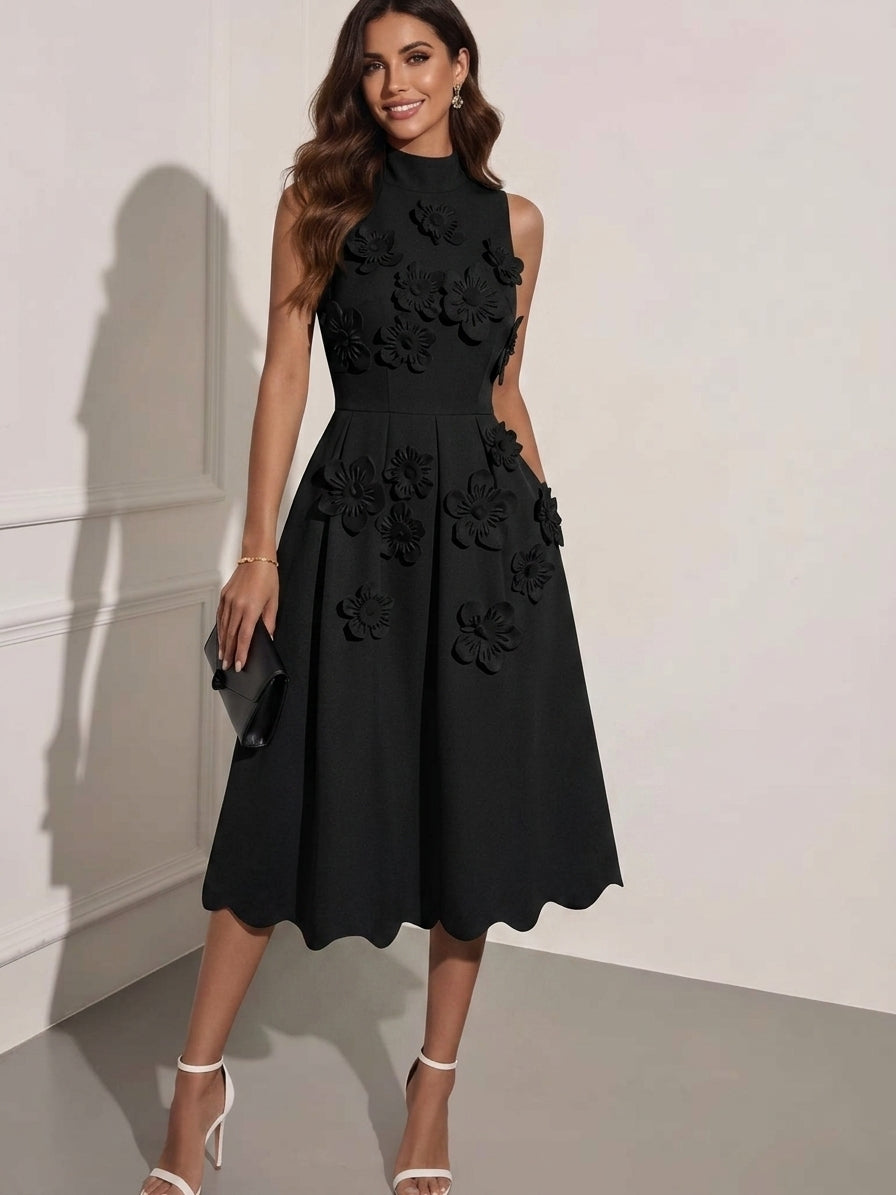 A-Line/Princess Mock Neck Stretch Satin Cocktail Dresses with 3D Flowers Sleeveless Tea-Length Formal Dresses Little White Dresses