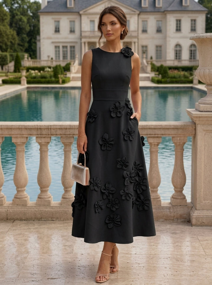 A-Line/Princess Scoop Stretch Satin Cocktail Dresses with 3D Flowers Sleeveless Tea-Length Formal Dresses