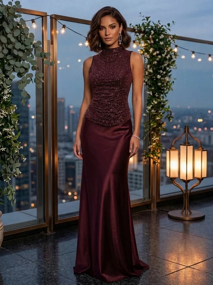 Sheath/Column Mock Neck Metallic Mesh Evening Dresses Silk Satin Sleeveless Floor-Length Party Dresses