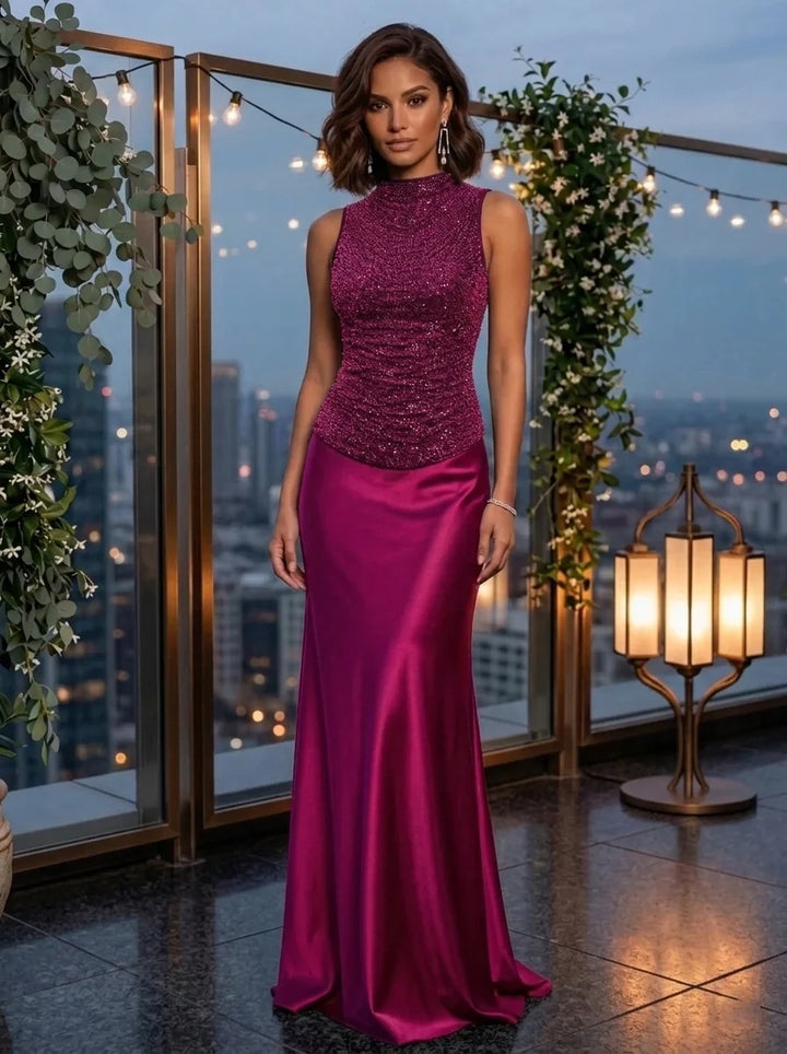 Sheath/Column Mock Neck Metallic Mesh Evening Dresses Silk Satin Sleeveless Floor-Length Party Dresses