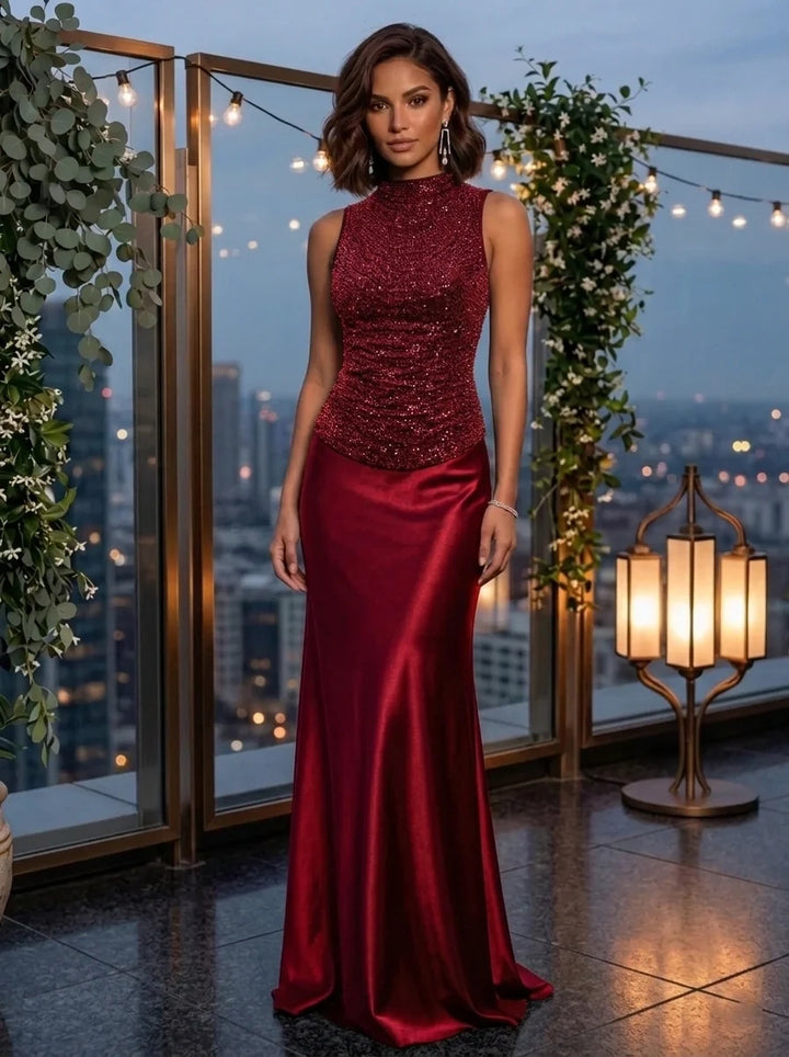 Sheath/Column Mock Neck Metallic Mesh Evening Dresses Silk Satin Sleeveless Floor-Length Party Dresses