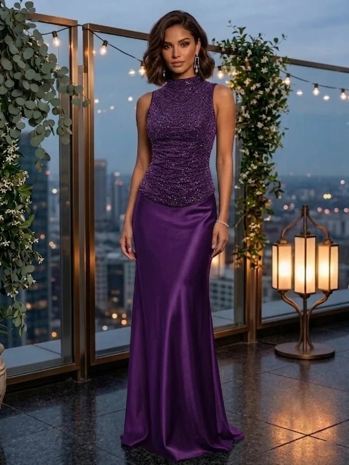 Sheath/Column Mock Neck Metallic Mesh Evening Dresses Silk Satin Sleeveless Floor-Length Party Dresses