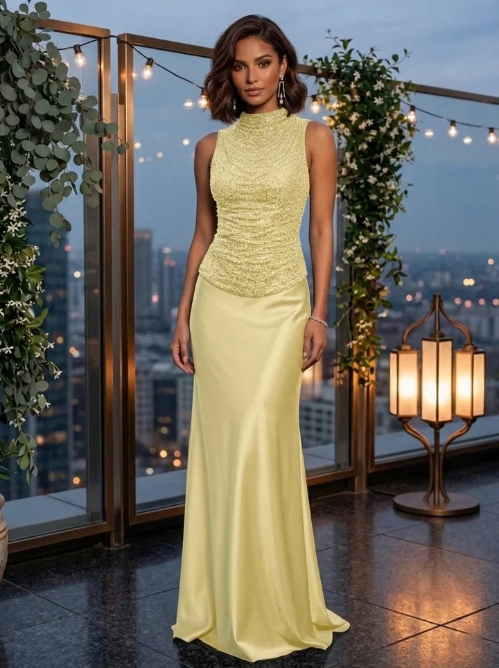 Sheath/Column Mock Neck Metallic Mesh Evening Dresses Silk Satin Sleeveless Floor-Length Party Dresses