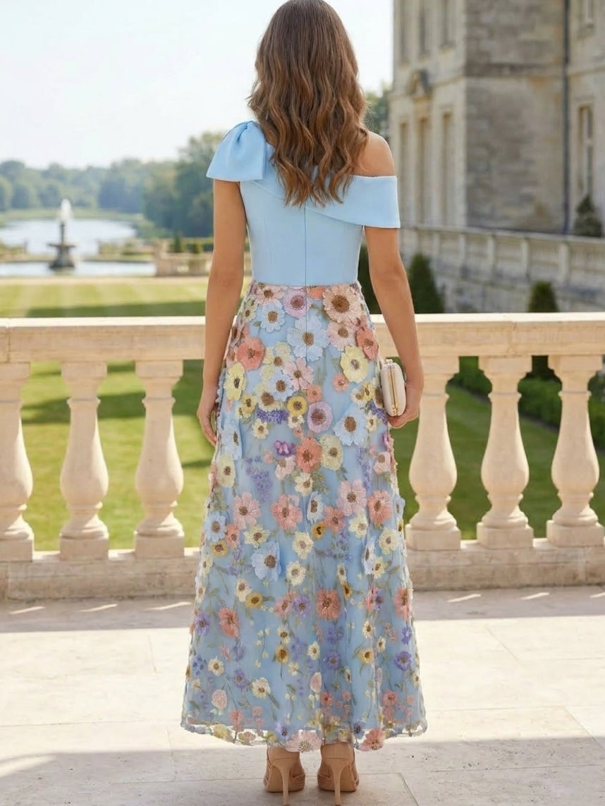 A-Line/Princess One-Shoulder Cocktail Dresses Sleeveless Floral Ankle-Length Formal Dresses Bowknot