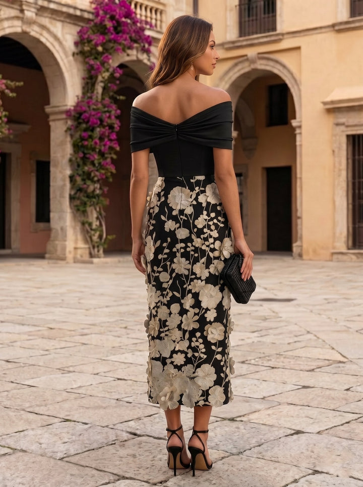 Sheath/Column Off-the-Shoulder Stretch Satin Cocktail Dresses with 3D Flowers Sleeveless Tea-Length Formal Dresses