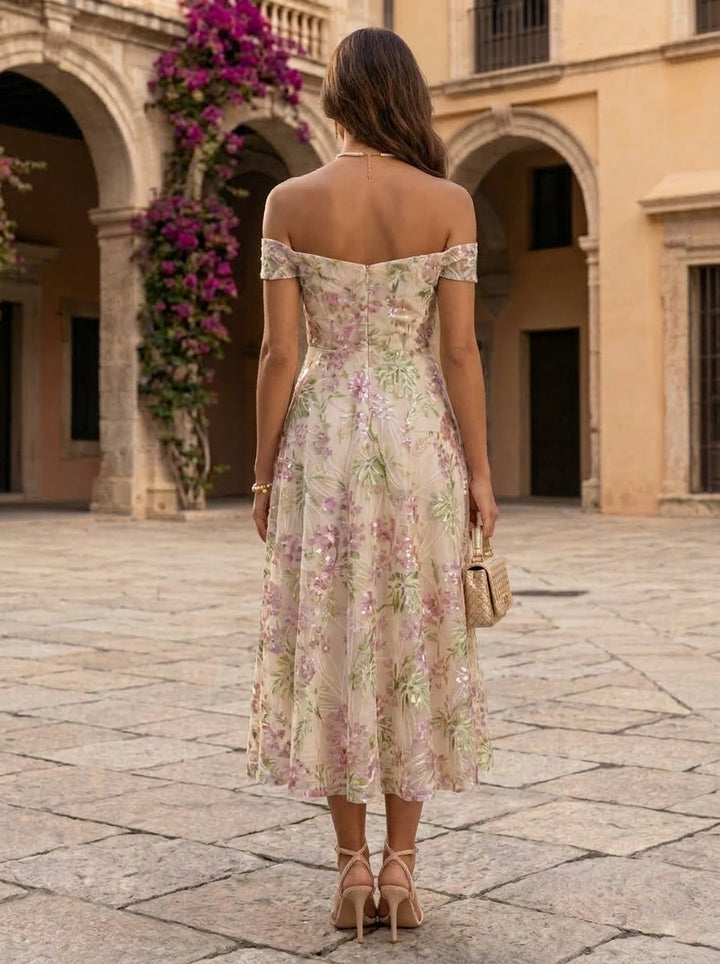 A-Line/Princess Off-the-Shoulder Cocktail Dresses Sleeveless Tea-Length Formal Dresses Floral Sequins