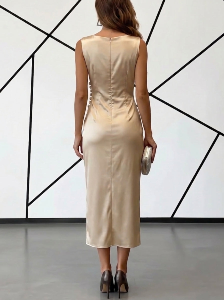 Sheath/Column Cowl Neck Silk Satin Cocktail Dresses Sleeveless Faux Pearl Tea-Length Ruched Formal Dresses