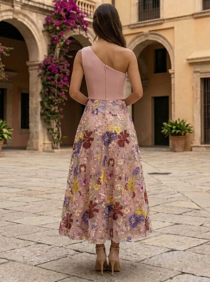 A-Line/Princess One-Shoulder Cocktail Dresses Elastic Chiffon Tea-Length Sleeveless Lace Floral Formal Dresses