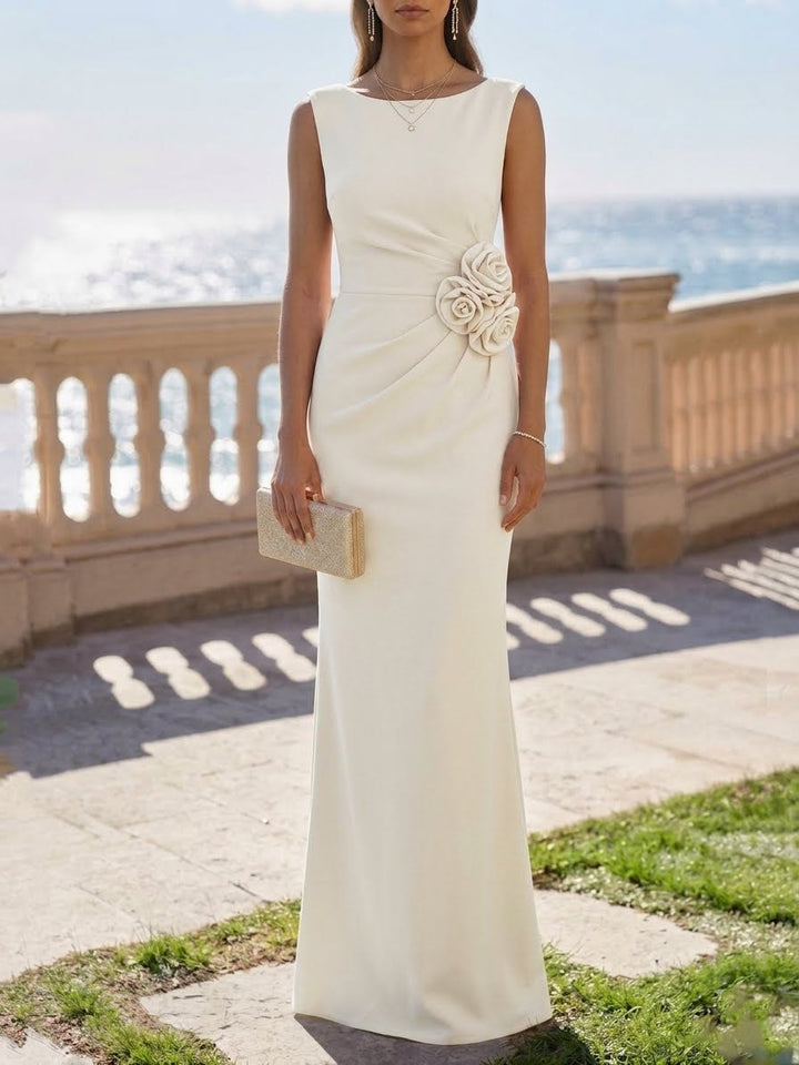 Sheath/Column Scoop Stretch Satin Evening Dresses with 3D Flower Sleeveless  Floor-Length Party Dresses