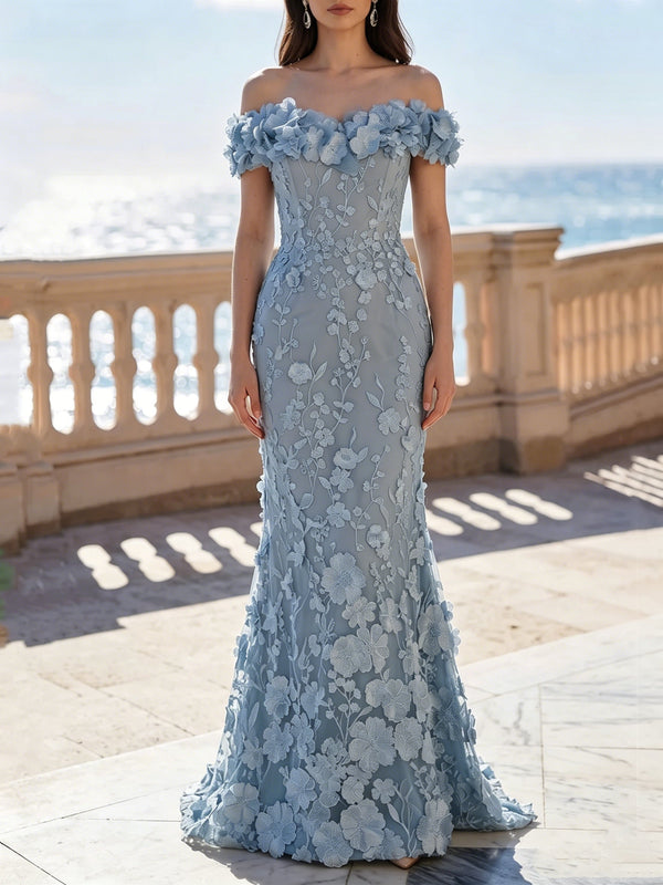 Trumpet/Mermaid Off-the-Shoulder Lace Embroidery Evening Dresses Sleeveless Floral Floor-Length Party Dresses