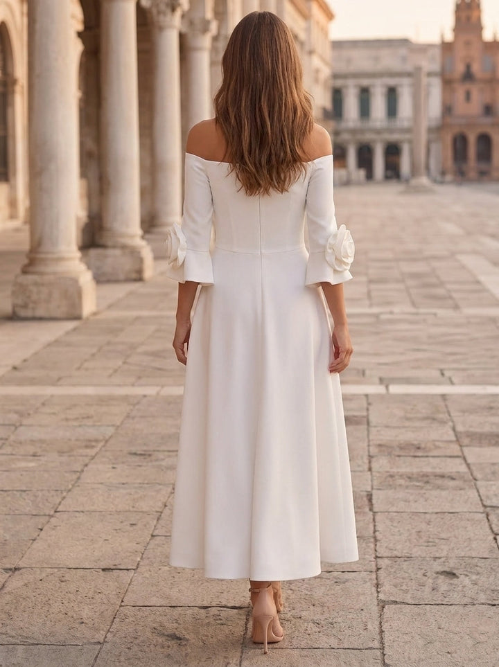 A-Line/Princess Off-the-Shoulder Stretch Satin Cocktail Dresses with 3D Flower Ankle-Length Floral 3/4 Sleeves Formal Dresses