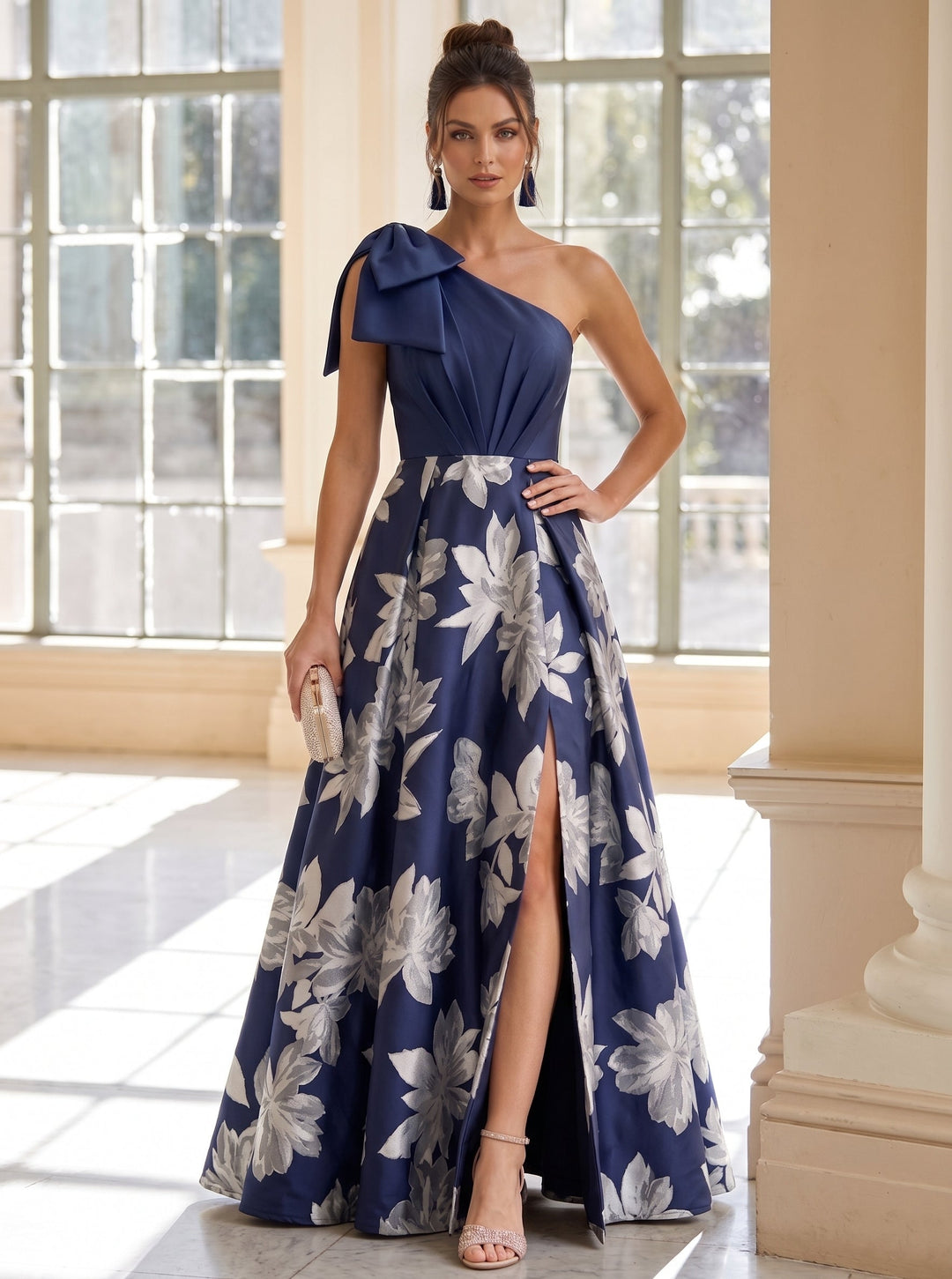 A-Line/Princess One-shoulder Printed Satin Evening Dresses with Split Side Sleeveless Floor-Length Floral Bowknot Party Dresses