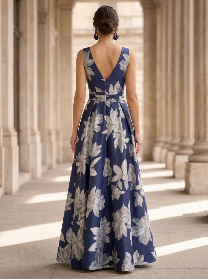 A-Line/Princess V-Neck Printed Satin Evening Dresses with Split Side Sleeveless Floor-Length Floral Party Dresses