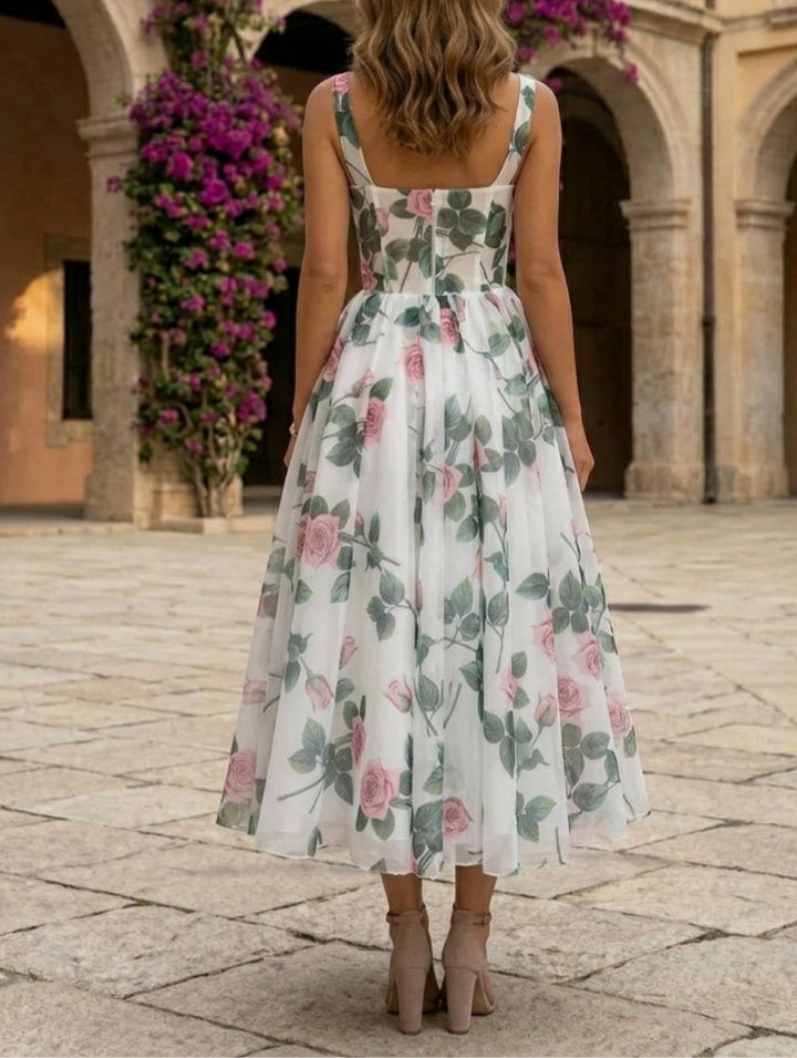 A-Line/Princess Square Collar Chiffon Cocktail Dresses Tea-Length Sleeveless Floral Formal Dresses