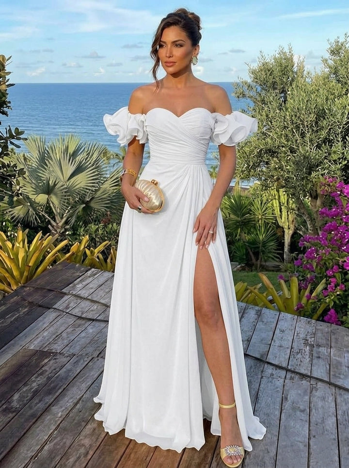 A-Line/Princess Off-the-Shoulder Chiffon Evening Dresses with Split Side Floor-Length Puff Sleeves Party Dresses Ruched