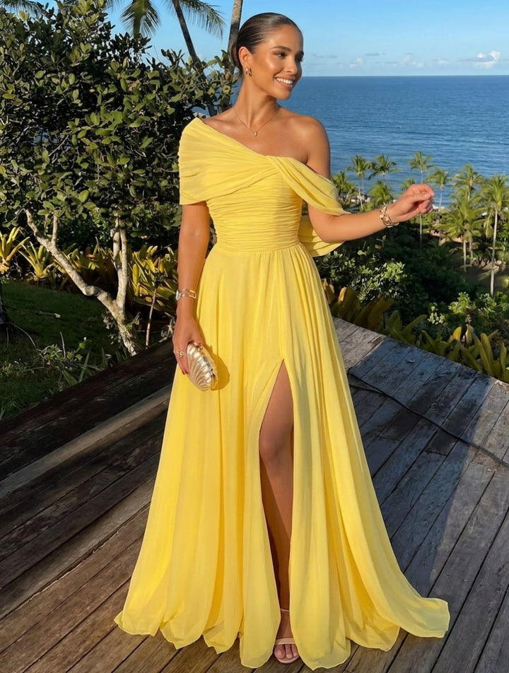 A-Line/Princess One-Shoulder Chiffon Evening Dresses with Split Side Floor-Length Sleeveless Party Dresses Ruched