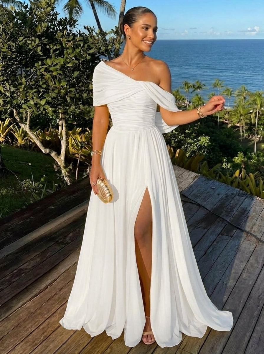 A-Line/Princess One-Shoulder Chiffon Evening Dresses with Split Side Floor-Length Sleeveless Party Dresses Ruched