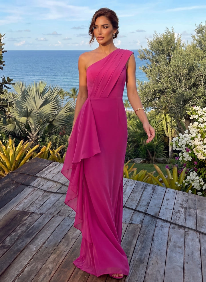 Sheath/Column One-Shoulder Chiffon Evening Dresses Ruffles Floor-Length Sleeveless Party Dresses