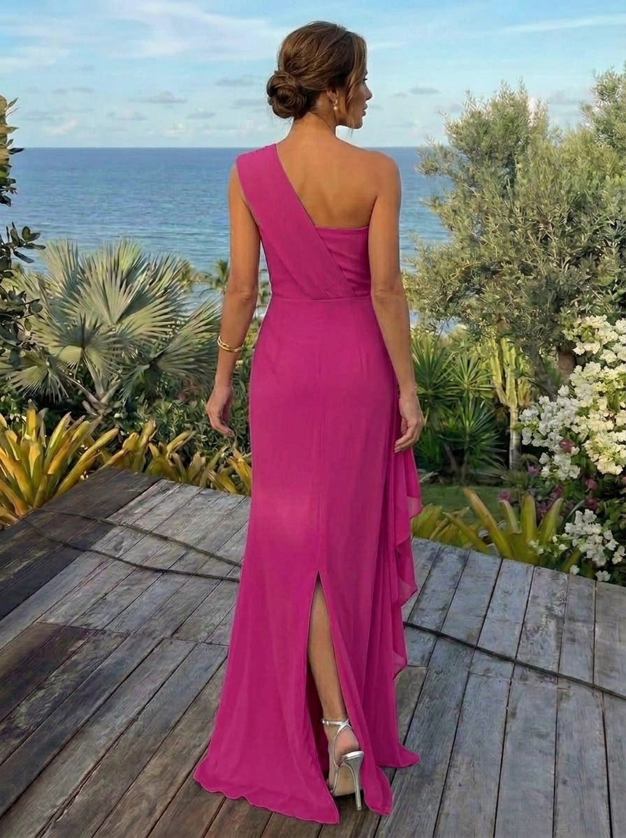 Sheath/Column One-Shoulder Chiffon Evening Dresses Ruffles Floor-Length Sleeveless Party Dresses