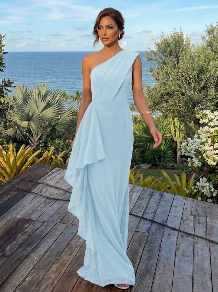 Sheath/Column One-Shoulder Chiffon Evening Dresses Ruffles Floor-Length Sleeveless Party Dresses