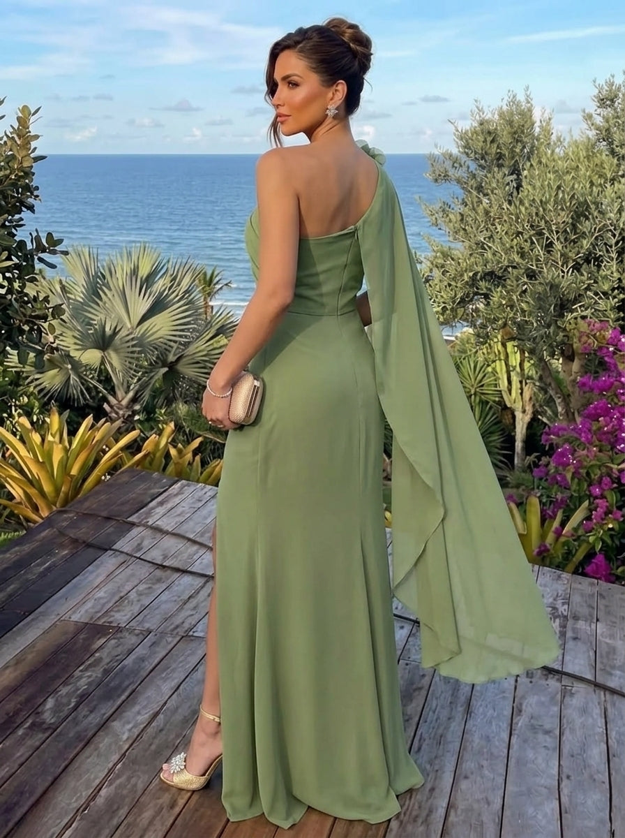 Sheath/Column One-Shoulder Chiffon Evening Dresses with 3D Flower Split Side Floor-Length Cape Sleeves Party Dresses