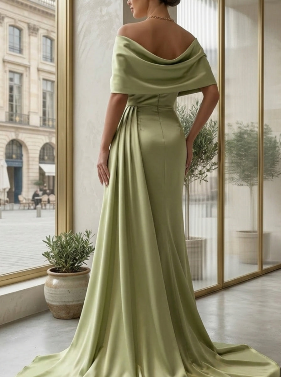 Sheath/Column Asymmetrical Neck Silk Satin Evening Dresses with Split Side Cape Sleeves Floor-Length Party Dresses