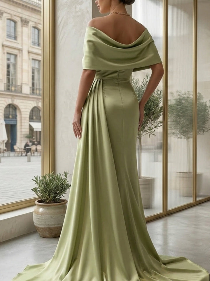 Sheath/Column Asymmetrical Neck Silk Satin Evening Dresses with Split Side Cape Sleeves Floor-Length Party Dresses
