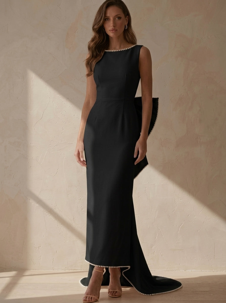Sheath/Column Scoop Stretch Satin Cocktail Dresses Ankle-Length Sleeveless Little White Dresses Bowknot Formal Dress