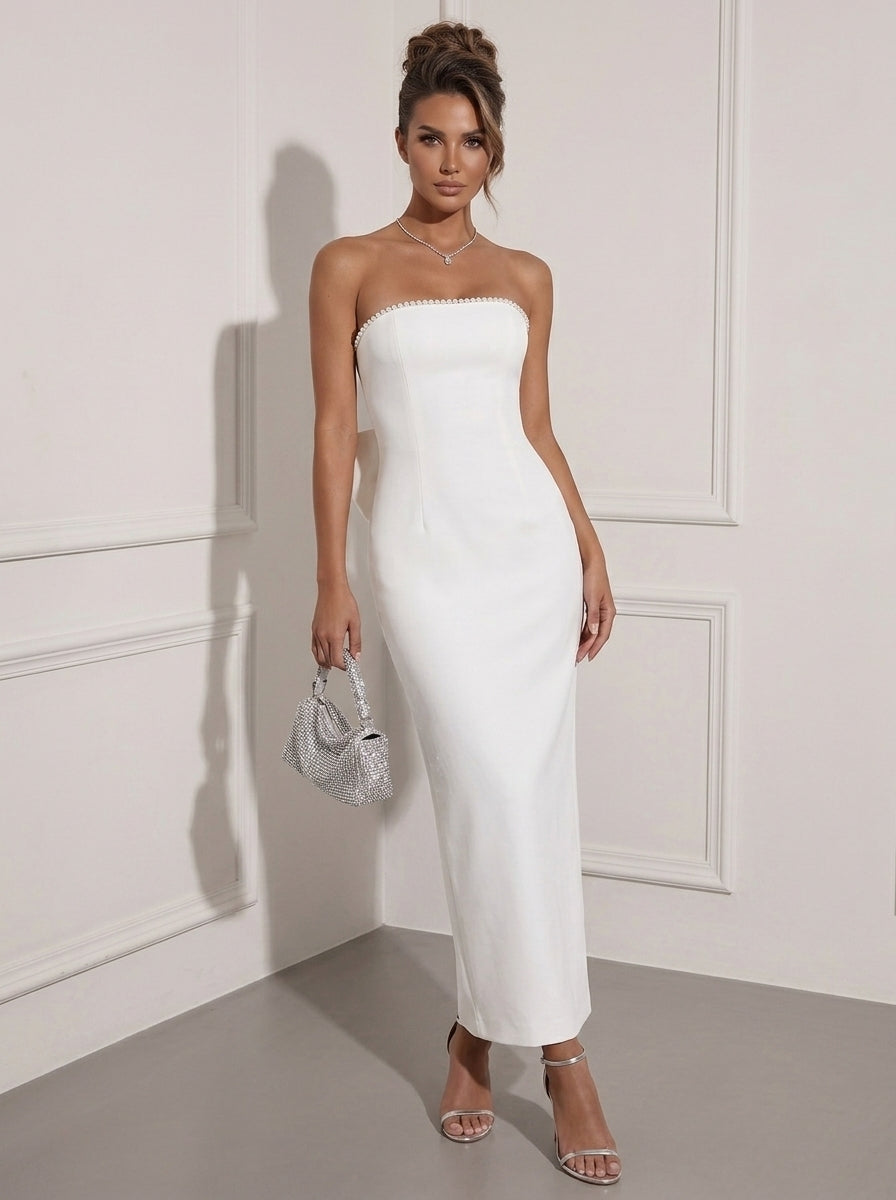 Sheath/Column Strapless Stretch Satin Cocktail Dresses Ankle-Length Sleeveless Little White Dresses Bowknot Formal Dress
