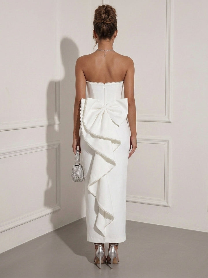 Sheath/Column Strapless Stretch Satin Cocktail Dresses Ankle-Length Sleeveless Little White Dresses Bowknot Formal Dress