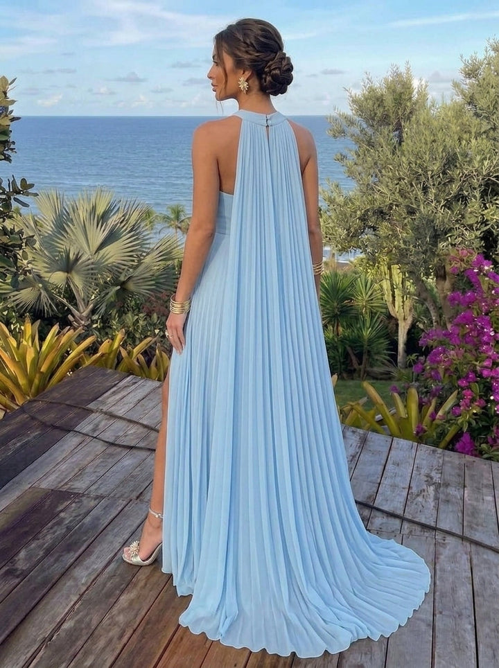 A-Line/Princess Halter Chiffon Evening Dresses with Split Side Floor-Length Sleeveless Ruched Party Dresses