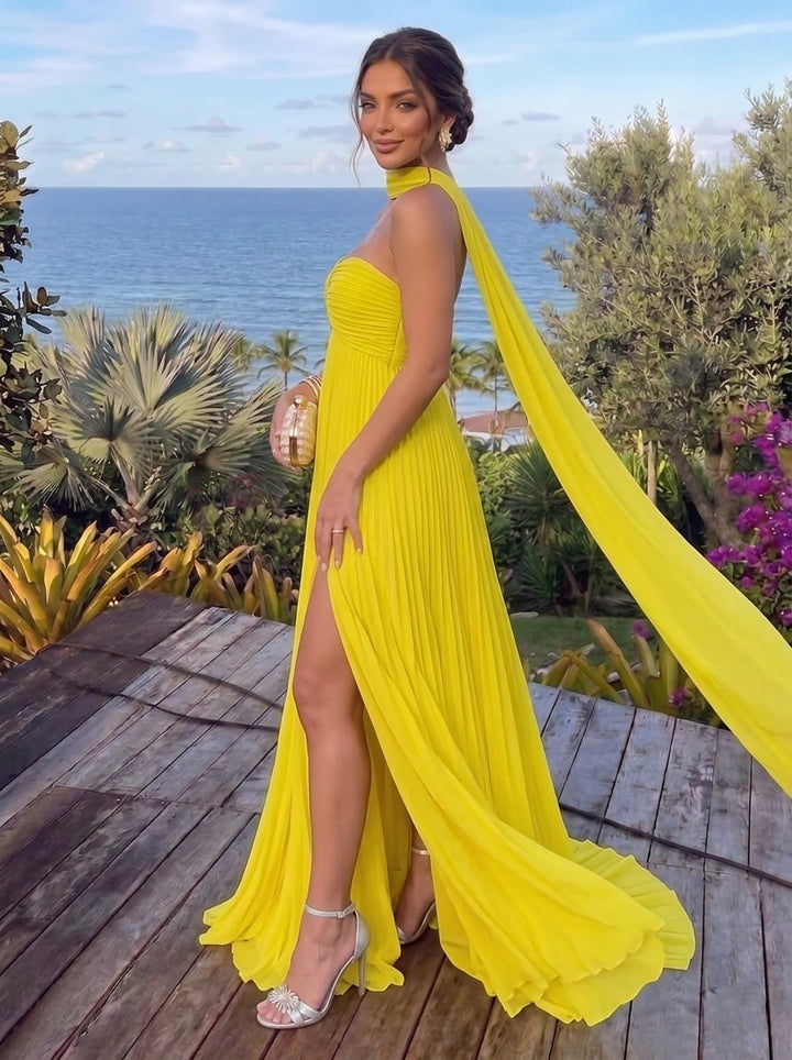A-Line/Princess Strapless Chiffon Evening Dresses with Split Side Floor-Length Scarf Sleeveless Pleated Party Dresses