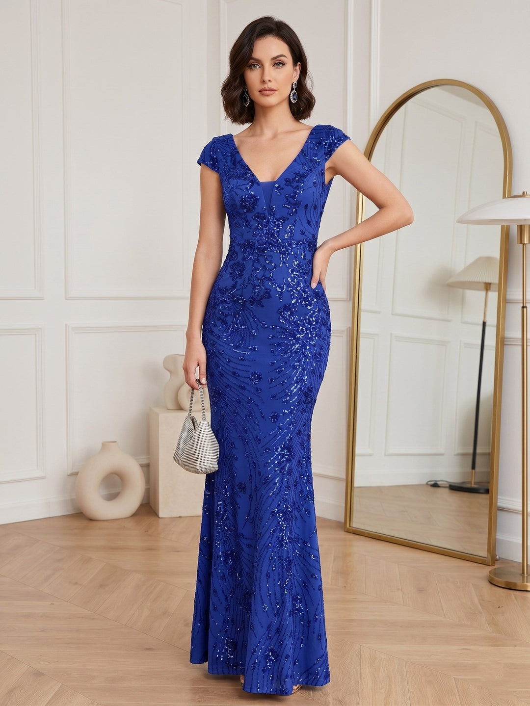 Sheath/Column V-Neck Sequins Wedding Guest Dresses Floor-Length Short Sleeves