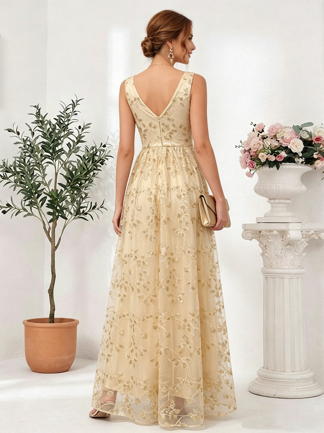 A-Line/Princess V-Neck Tulle Wedding Guest Dresses Floor-Length Sleeveless Floral