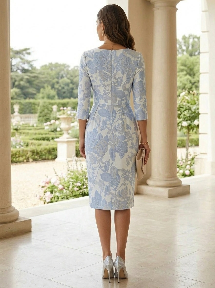 Sheath/Column V-Neck Jacquard Cocktail Dresses Knee-Length Floral 3/4 Sleeves Party Dresses