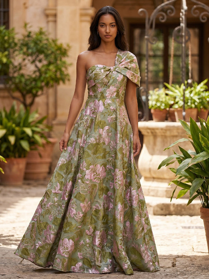 A-Line/Princess One-Shoulder Jacquard Formal Dresses Floor-Length Evening Dresses Floral Sleeveless
