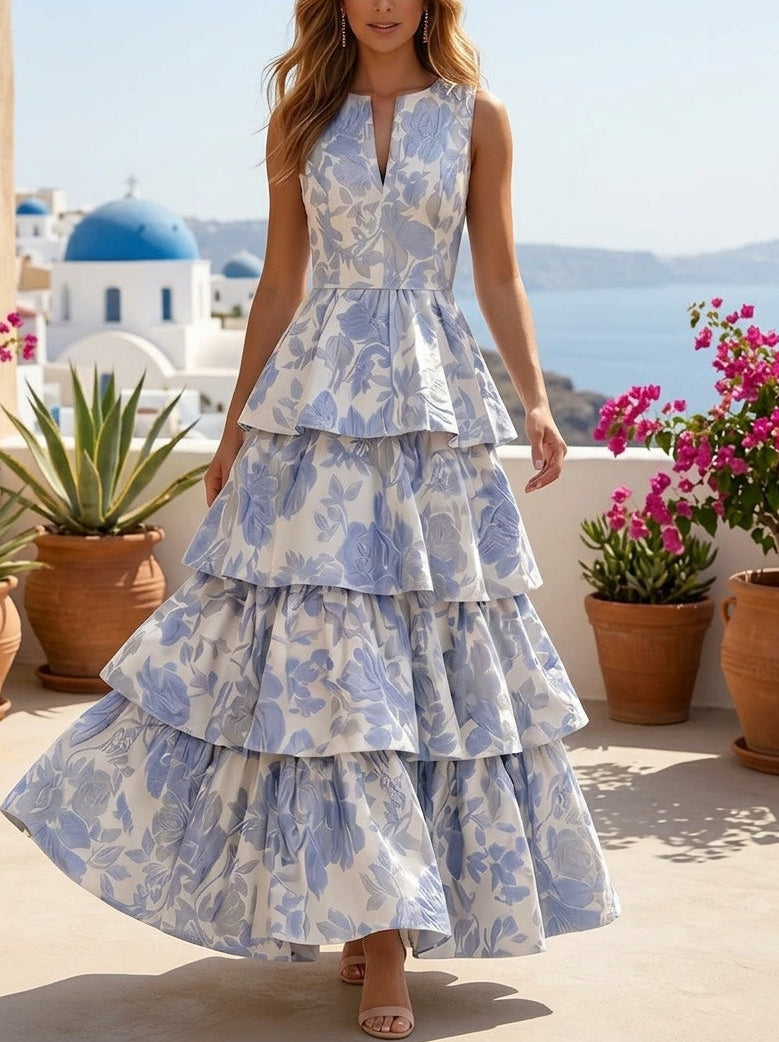 A-Line/Princess V-Neck Jacquard Formal Dresses Ankle-Length Evening Dresses Ruffles Floral Sleeveless