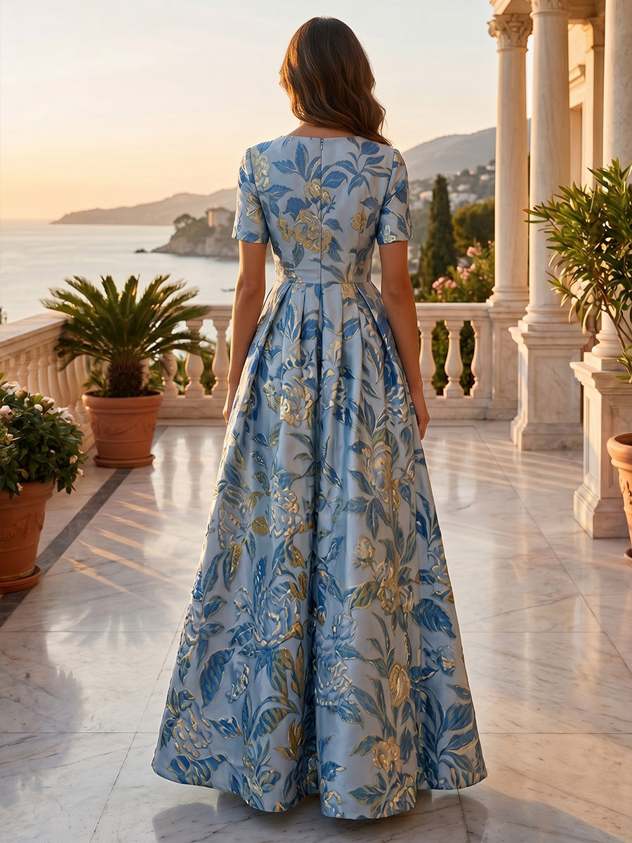 A-Line/Princess Scoop Jacquard Formal Dresses Ankle-Length Evening Dresses Floral Short Sleeves
