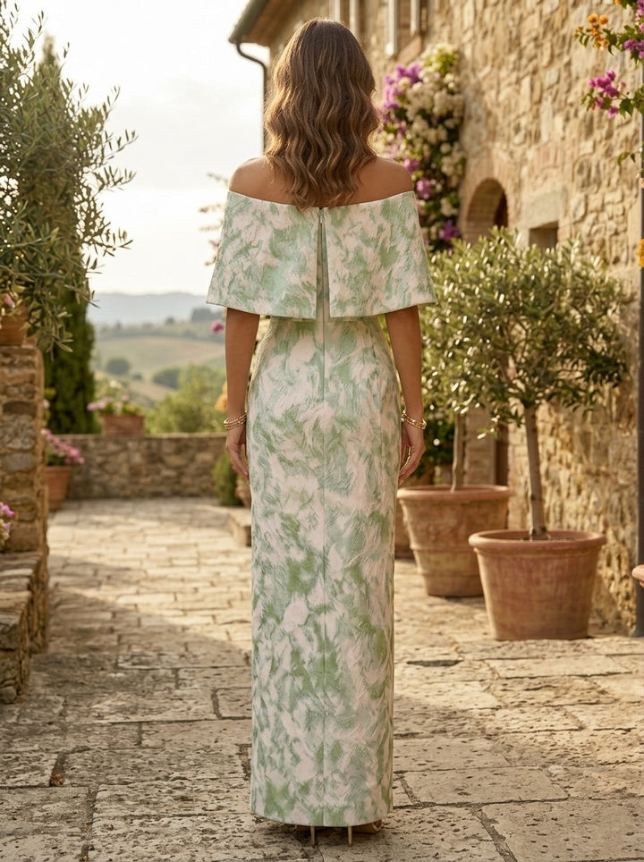 Sheath/Column Off-the-Shoulder Jacquard Formal Dresses with Split Side Floor-Length Evening Dresses Cape Sleeves