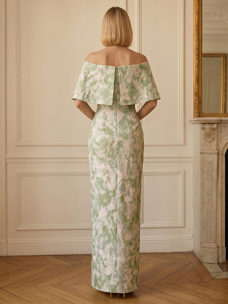 Sheath/Column Off-the-Shoulder Jacquard Formal Dresses with Split Side Floor-Length Evening Dresses Cape Sleeves