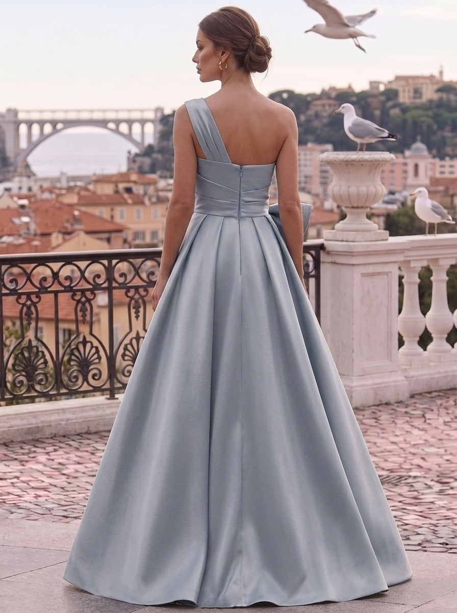 A-Line/Princess One-Shoulder Satin Evening Dresses with Overskirt Floor-Length Formal Dresses Floral Sleeveless Bowknot