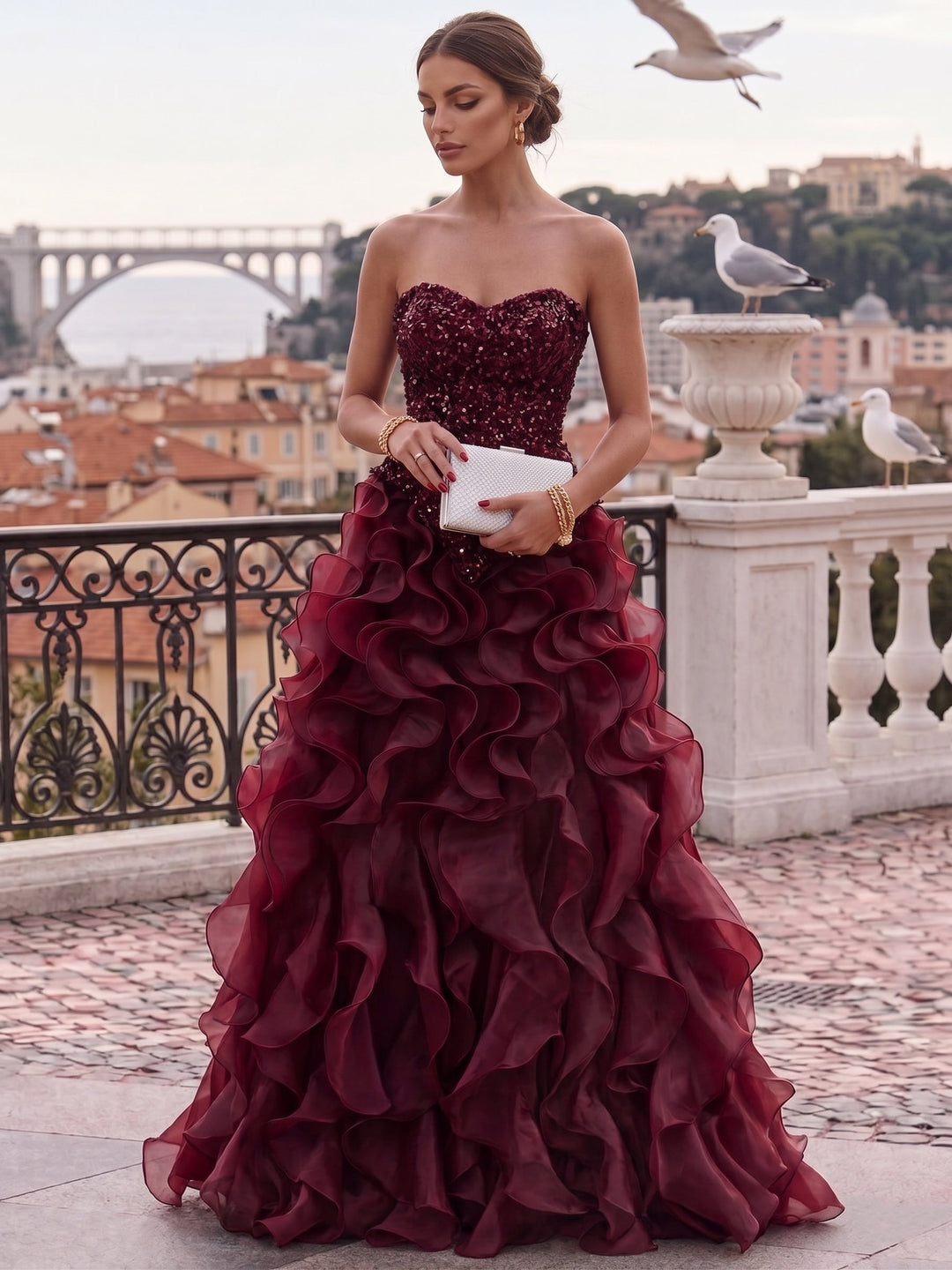 A-Line/Princess Strapless Sequins Evening Dresses Floor-Length Organza Formal Dresses Sleeveless