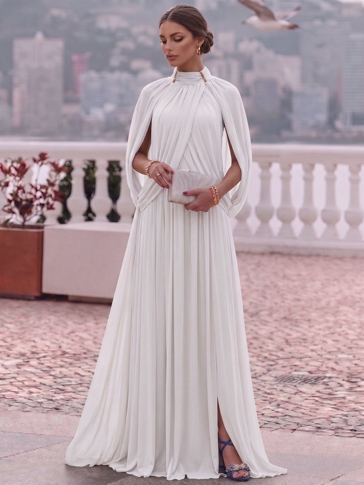 A-Line/Princess Mock Neck Chiffon Evening Dresses Cape Sleeves Floor-Length Ruched Formal Dresses