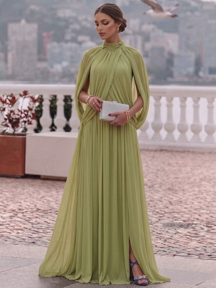 A-Line/Princess Mock Neck Chiffon Evening Dresses Cape Sleeves Floor-Length Ruched Formal Dresses