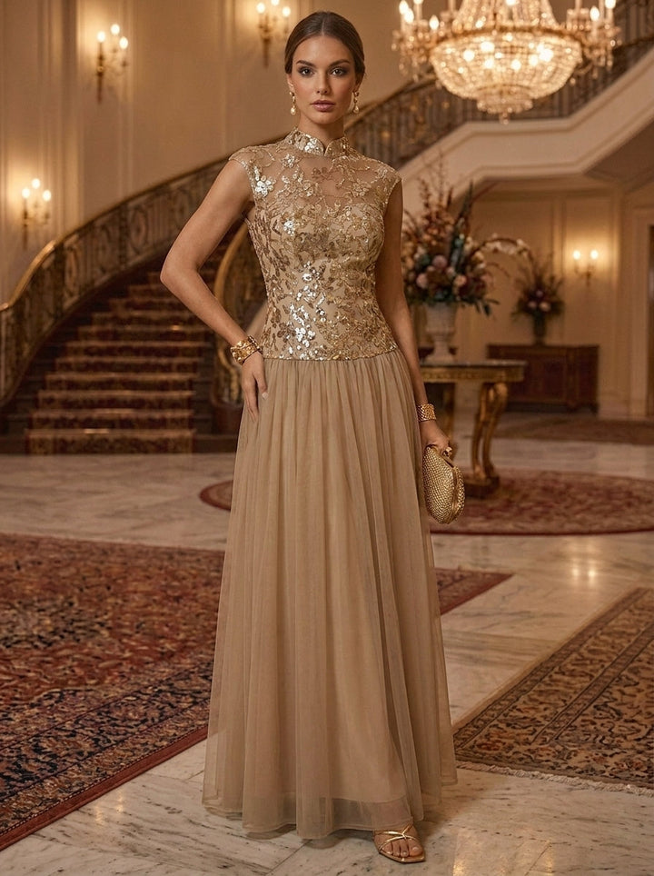 A-Line/Princess Mock Neck Evening Dresses Tulle Floor-Length Sequins Sleeveless Formal Dresses