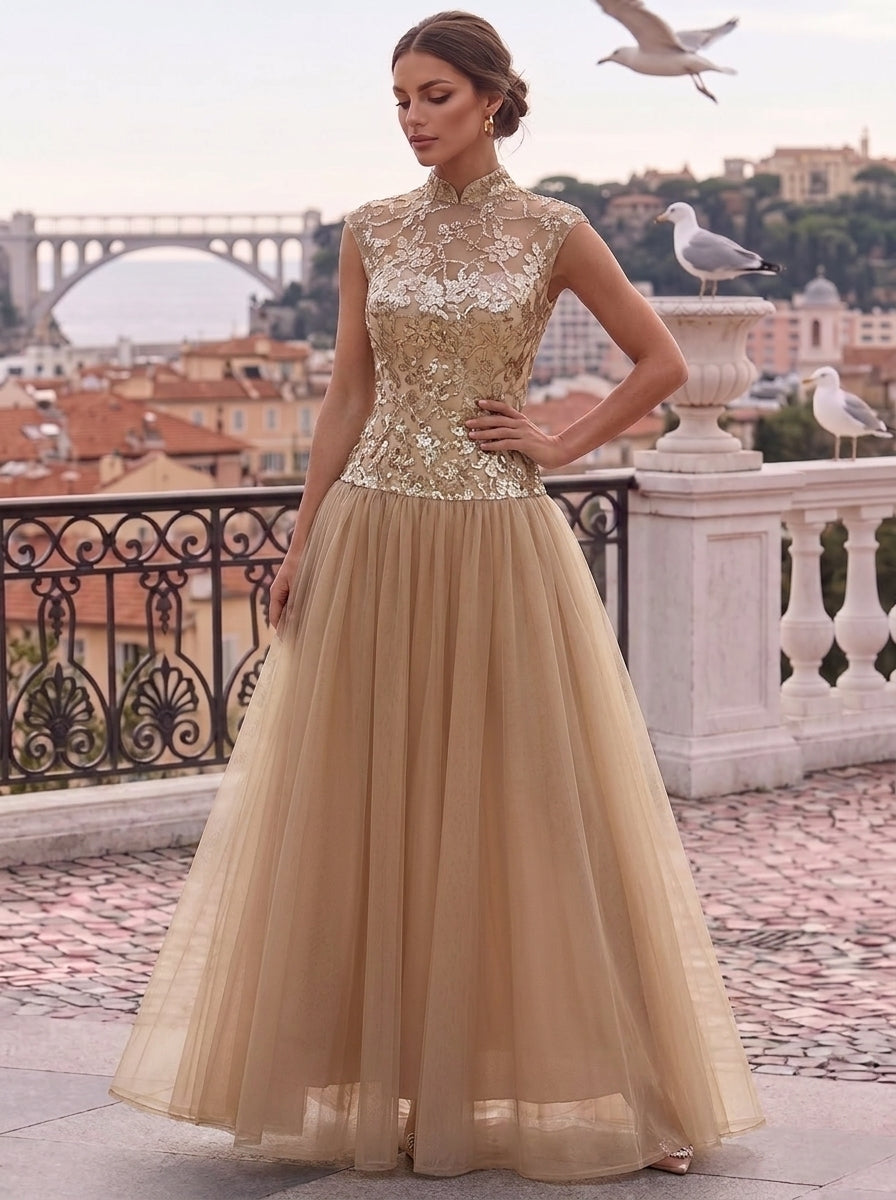 A-Line/Princess Mock Neck Evening Dresses Tulle Floor-Length Sequins Sleeveless Formal Dresses